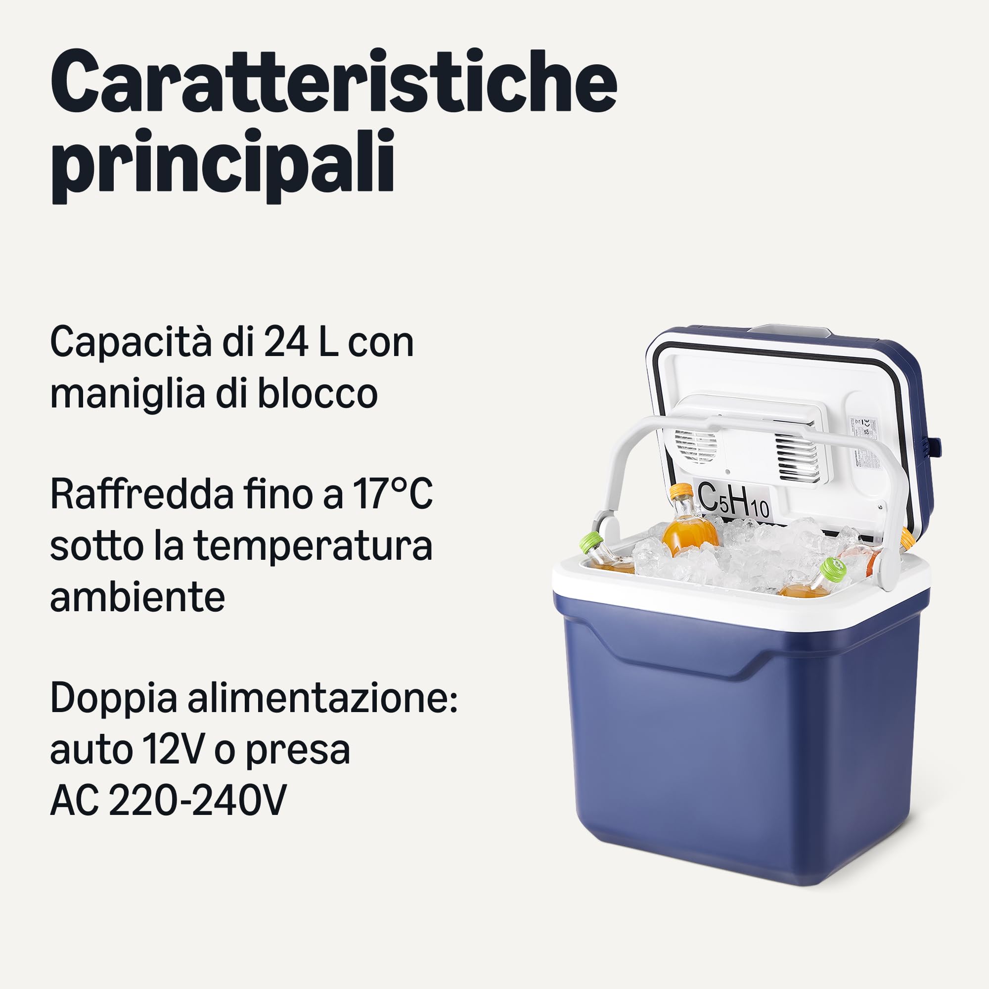 Amazon Basics - Frigorifero Portatile Elettrico, Frigorifero con Funzione Raffreddamento e Riscaldamento, 12 VCC/230 VCA per Veicolo/Uso Domestico, 24 Litri, Blu