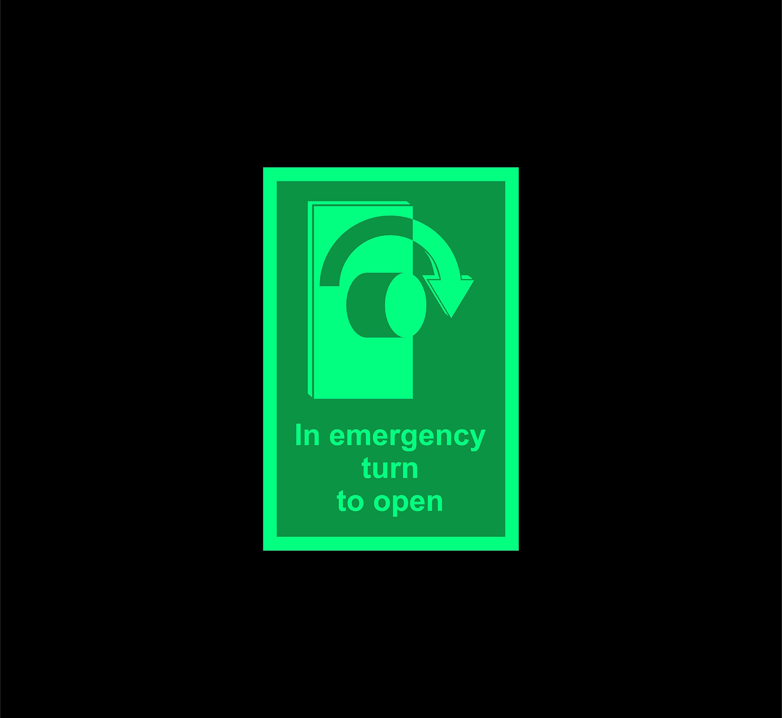 In emergency turn right to open Safety sign - 150mm x 100mm 1.2mm Photoluminescent rigid plastic with self adhesive backing