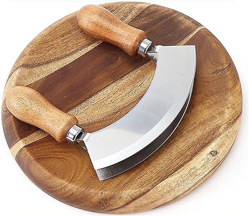 Mezzaluna - Cuchillo y tabla de cortar redonda de doble hoja, cuchillo de picar, cortador de pizza, cuchillo basculante con tabla de cortar de