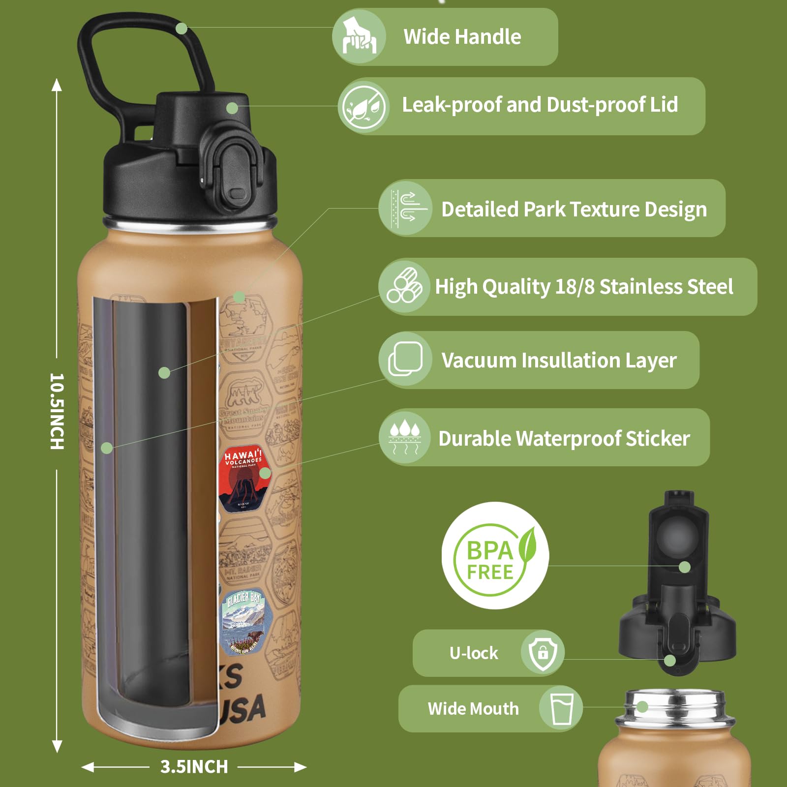 National Parks Insulated Water Bottle 32oz - Stainless Steel, Leak-Proof, With Stickers & Straw, Keeps Drinks Hot/Cold - View #6