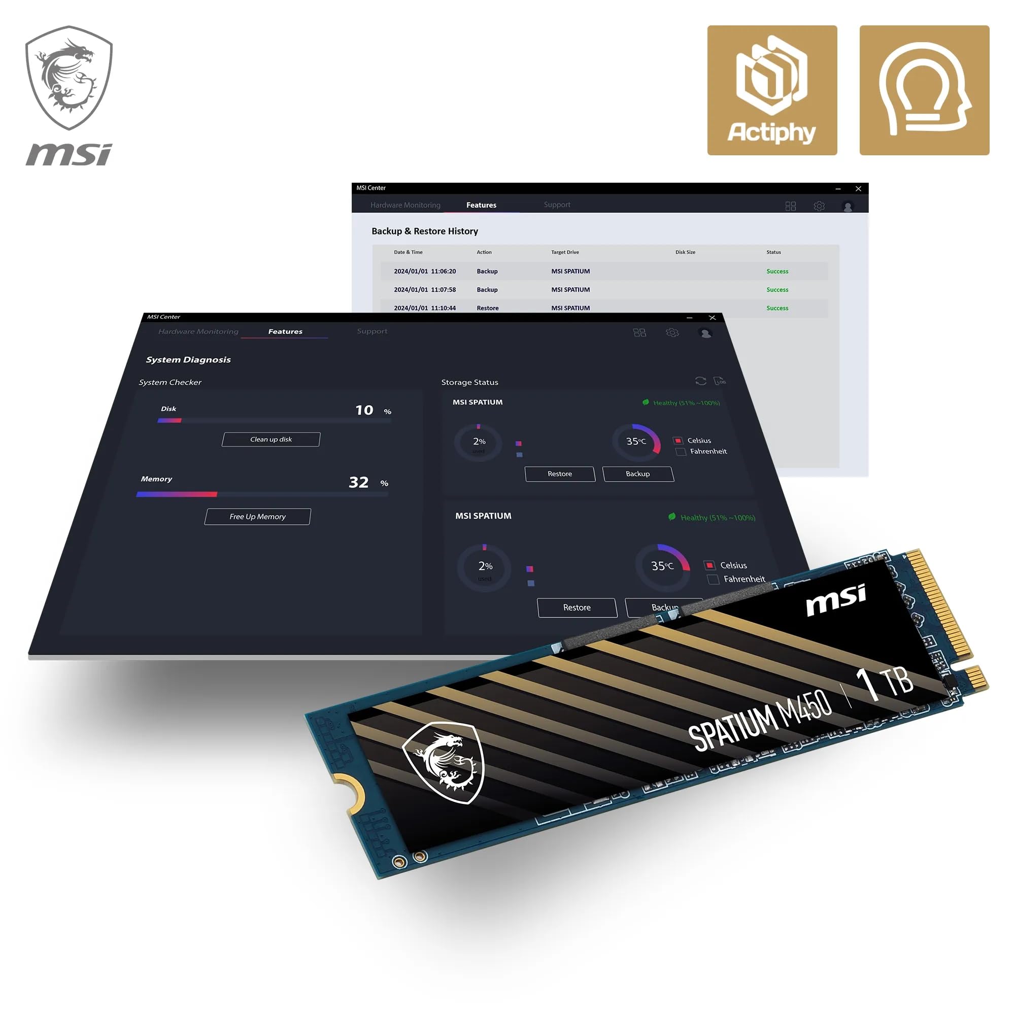 MSI SPATIUM M450 PCIe 4.0 NVMe M.2 1TB - Disque SSD Interne 1 to, PCIe 4.0 NVMe M.2, Lecture 3600 MB/s & Écriture 3000 MB/s, 3D NAND, Sécurité des Données Intégrée, 600 TBW, Garantie 5 Ans