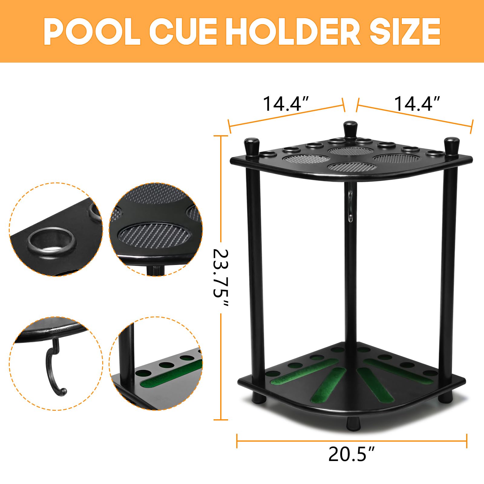 Support de sol pour quilles de billard avec 16 supports de balles de billard en bois massif pour 8 queues de billard, support d'angle pour salle de jeux, club, accessoires de table de billard (noir)