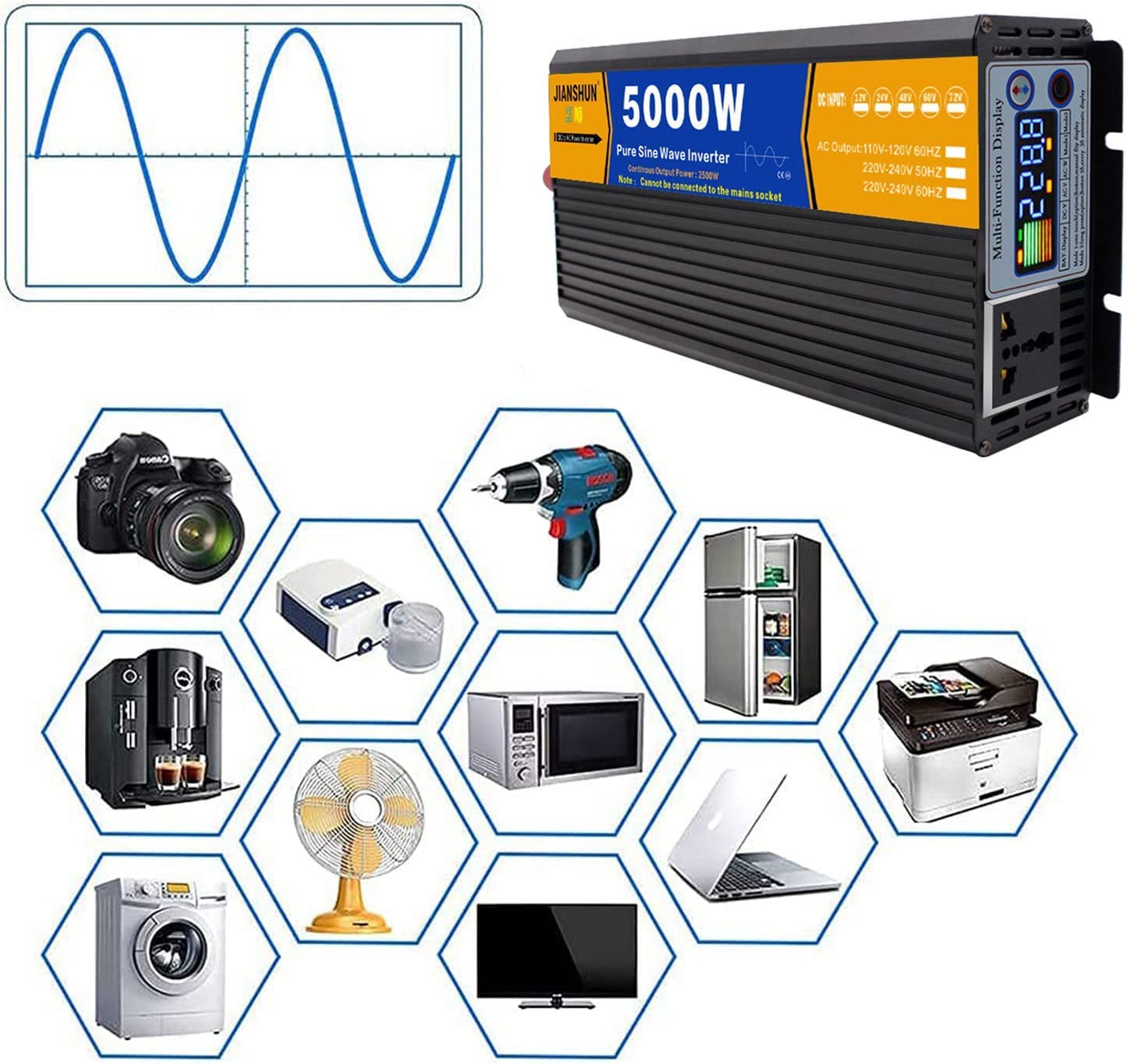 Wechselrichter 12V 24V 48V 60V 72V 220V 230V 3000W 4000W 5000W 6000W 8000W Reiner Sinus-Spannungswandler,Power Inverter Umwandler Stromwandler für Fahrzeuge Wohnwagen (48V,3000W)