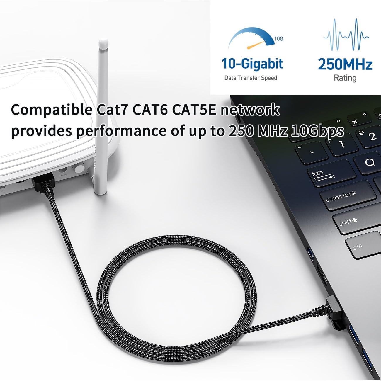 JUXINICE 2Pack Nylon Braided Cat6a Ethernet Cable-Black,Ultra Slim Cat6 Ethernet Patch Cable 20FT, Right Angle Ethernet Cable Thin RJ45 Network Cable,Backward Compatible with Cat6/Cat 5e/Cat5