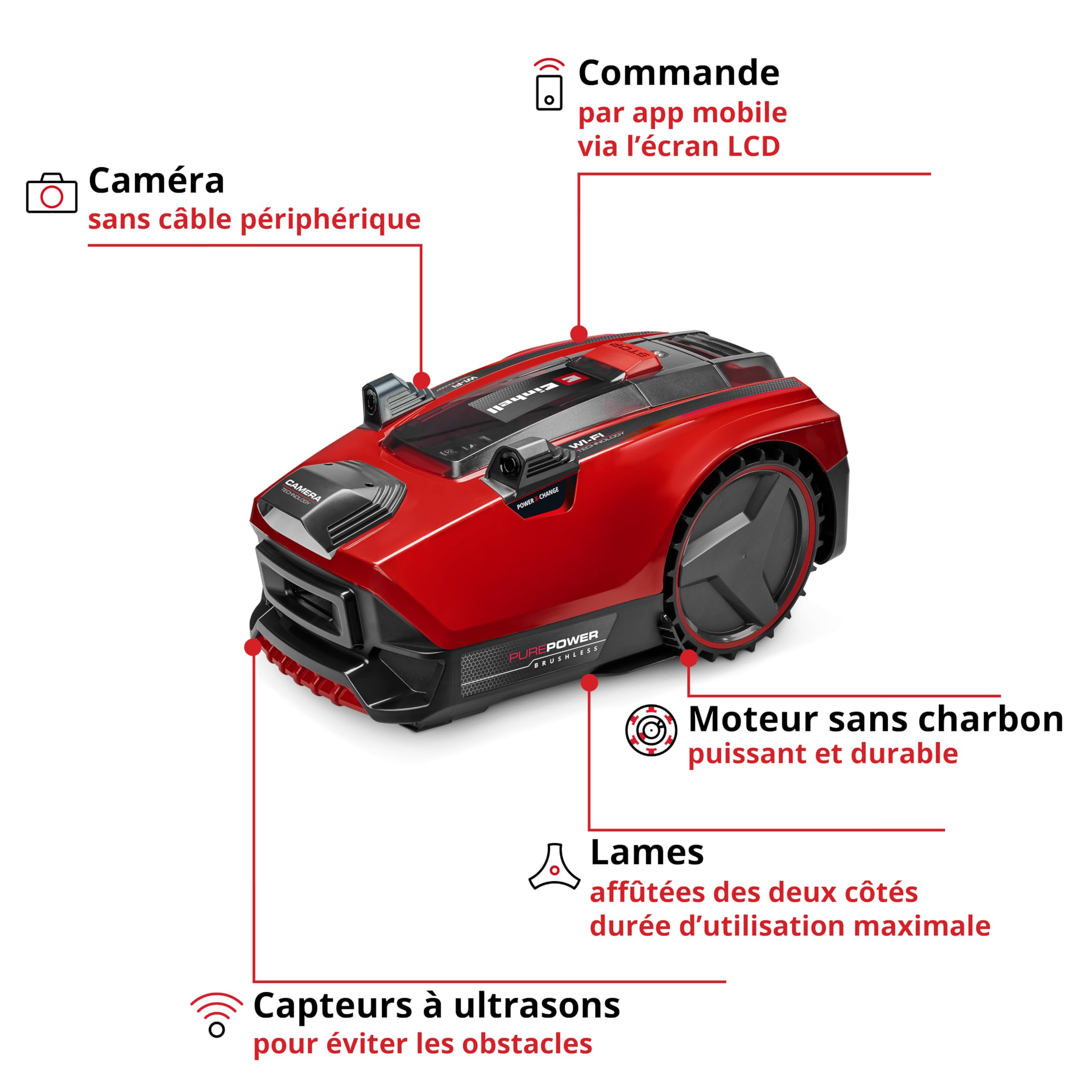 Einhell Robot-Tondeuse FREELEXO CAM Plus 600 Power X-Change (18 V, caméra remplaçant Le câble périphérique, pour 600 m², Moteur sans Charbon, Wi-FI, pentes Jusqu’à 25%, avec Batterie 4,0 Ah Plus)