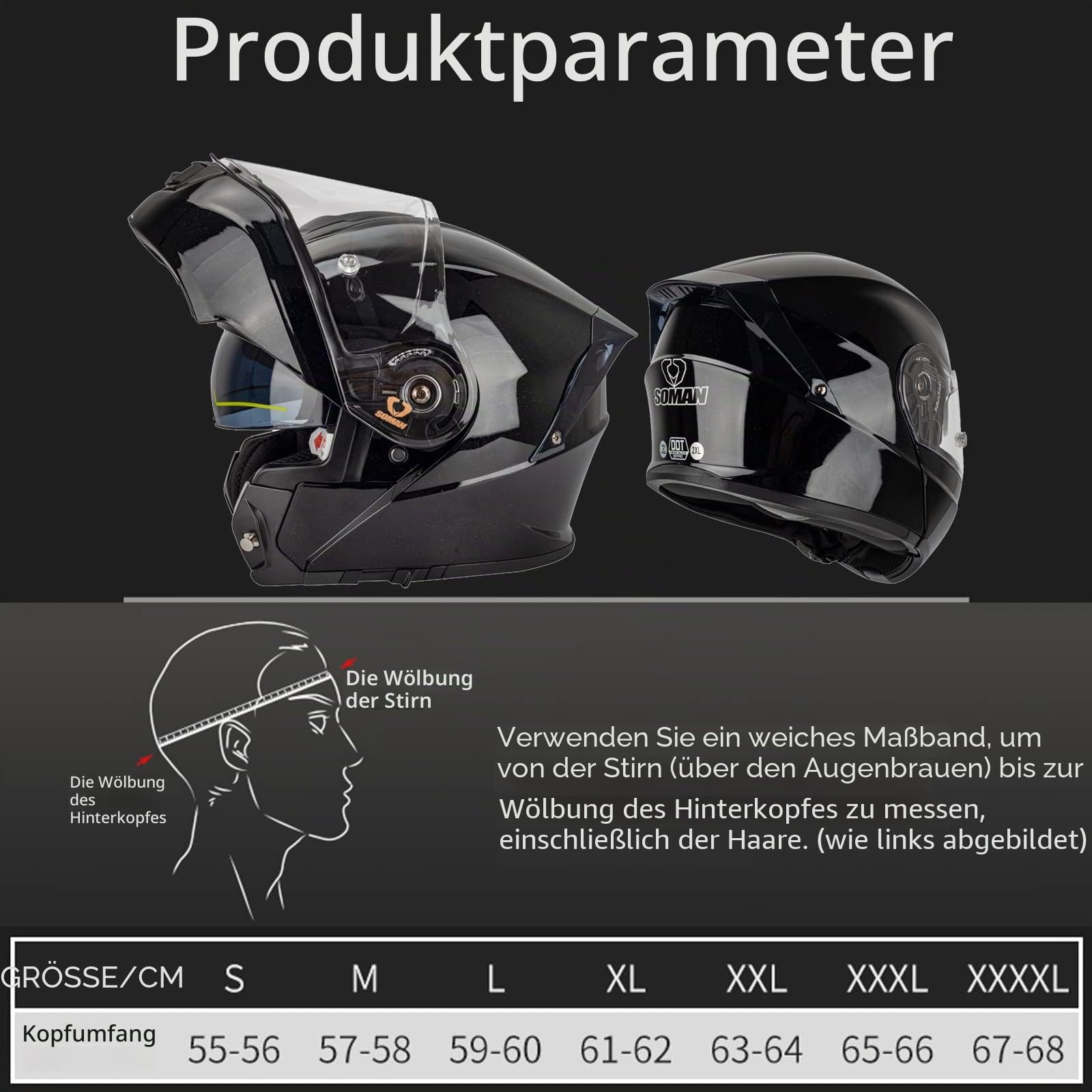 Klapphelm Motorradhelm Rollerhelm mit Doppeltem Sonnenvisier DOT/ECE Zertifiziert Klappbarer Modularer Motorrad Helme Integralhelm Multifunktion Sturzhelm für Damen Herren, Schwarz-4XL(67~68cm)