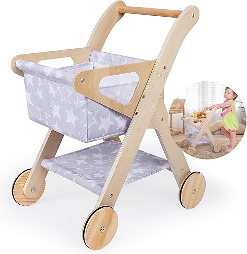Miniatura 8 de FIOBEE Carrito de compras para niños Carrito de compras de juguete con cesta Juguetes de madera para bebés, carrito de comestibles para niños y
