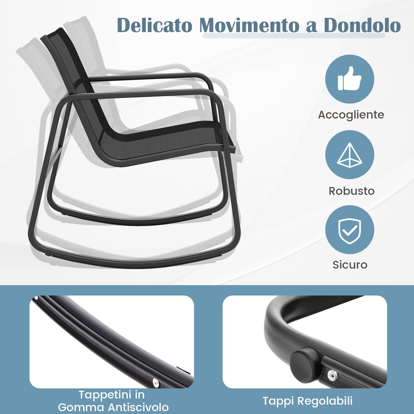 COSTWAY Set da Giardino 4 Pezzi in Tessuto Textilene, Set da Bistrò da Patio, Set tavolo e sedie con Tavolino in Vetro, 2 Sedie e Divanetto a Dondolo, per Giardino Coltile (Nero)