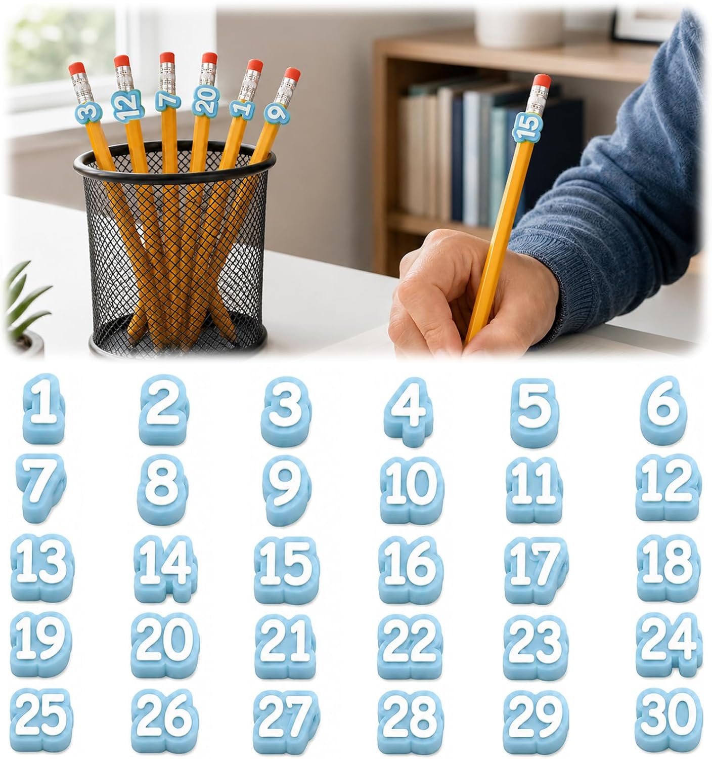 Numbered Pencil Toppers for Classroom, Reusable Labels and Tracking Markers, Teacher Supply Station Accessories (Light Blue, Number 1-30)