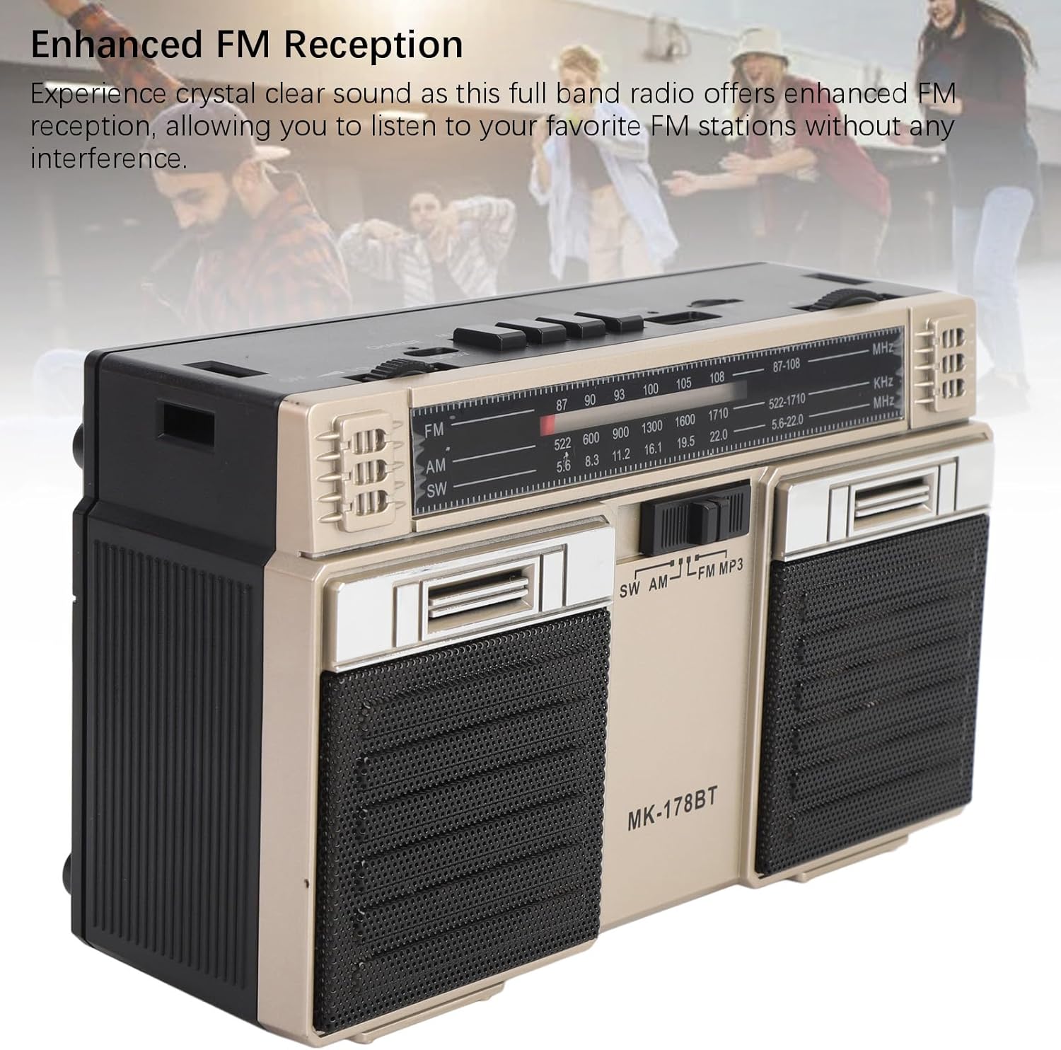 Front view of EBTOOLS Portable Radio showing speakers and frequency display