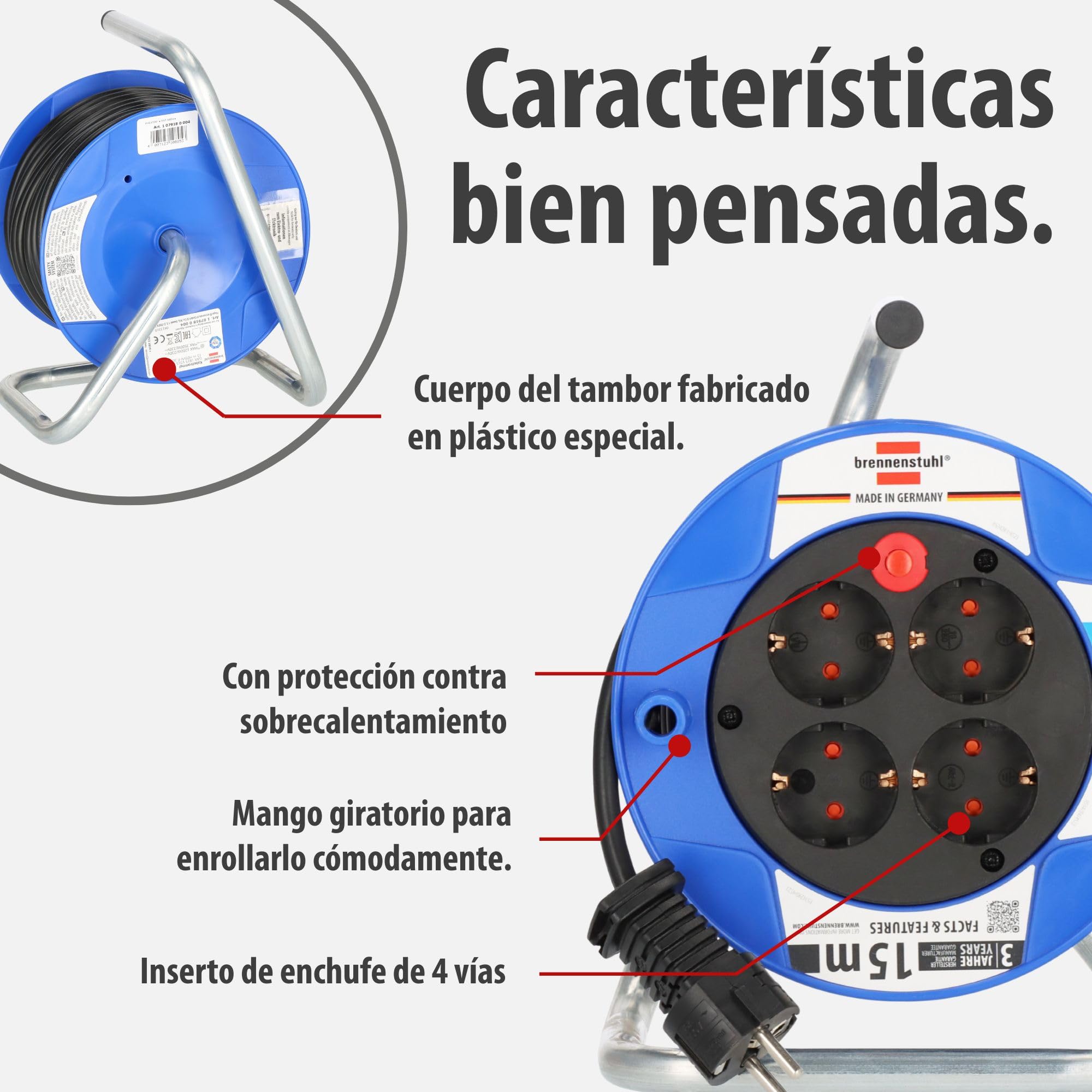 Brennenstuhl Garant enrollacables con alargador de 15 m y 4 tomas de corriente (plástico especial, uso en interiores fabricado en alemania) azul