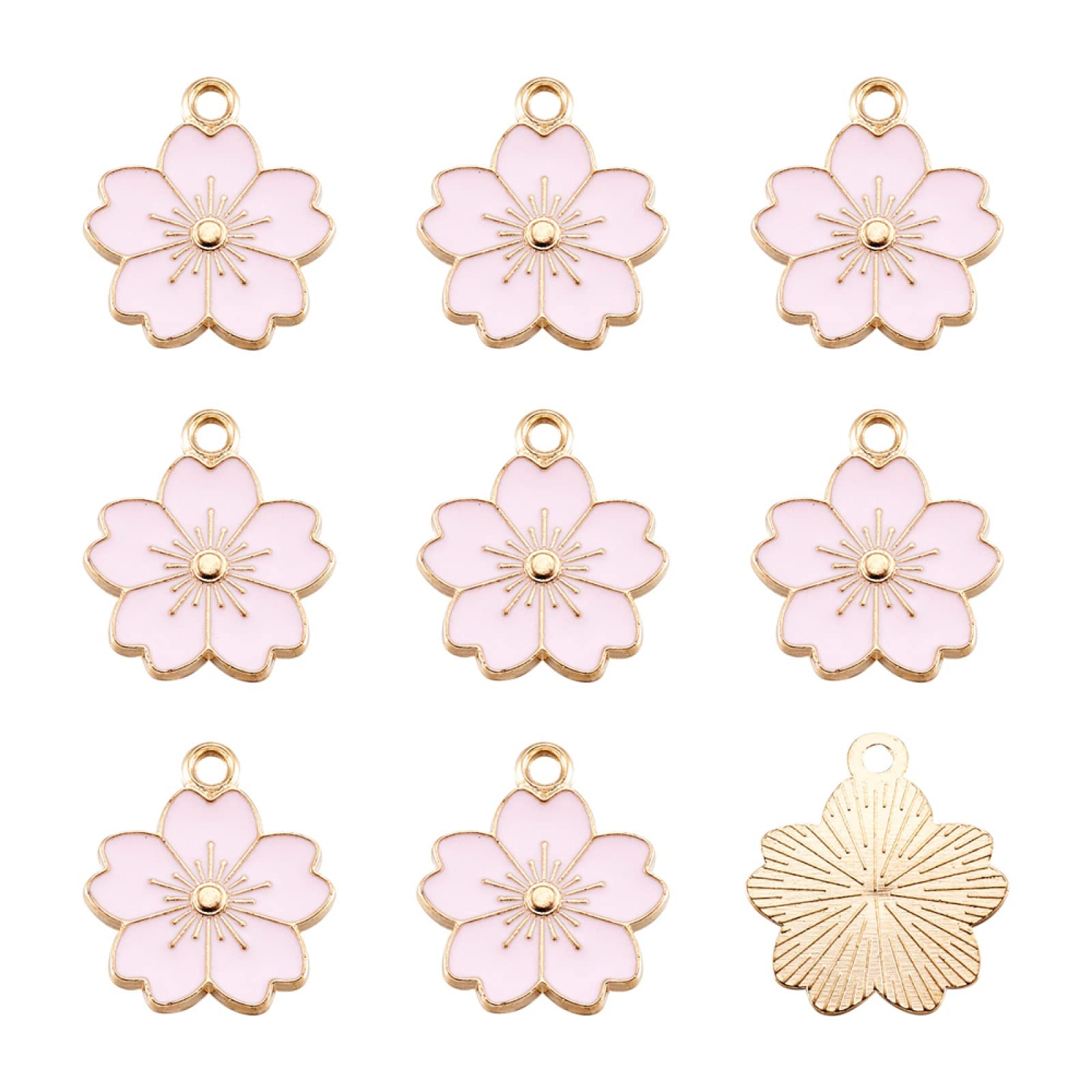 Mega Pet 10Pc Flower Theme Alloy Enamel Pendants Pearl Pink Sakura Enamel Charms Cherry Blossoms Flower Flat Round Flat Dangle Charms for DIY Necklace