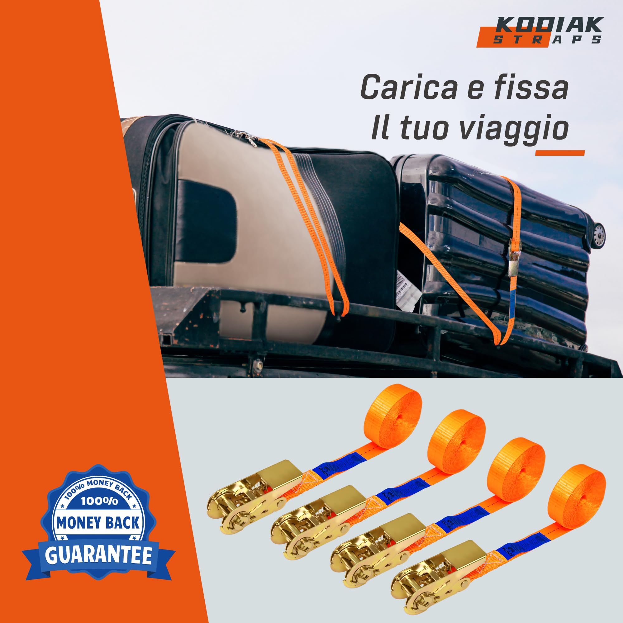 10 Cinghie di Tensione 4m x 1000kg con Chiusura a Cricchetto - Cinghie a Cricchetto da 25mm - Arancione - per Bagagli e Trasporto - Certificato TÜV/GS e secondo la Norma DIN EN 12195-2 - KODIAK STRAPS