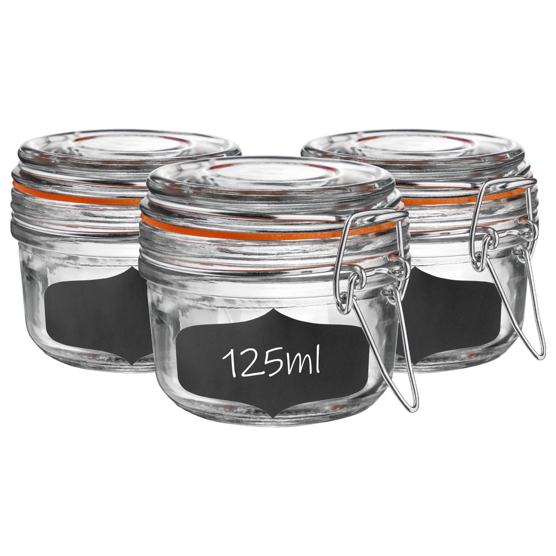 Argon Tableware Orange Glass Spice Jars With Airtight Metal Clip Lid & Chalkboard Stickers - 125Ml/4.2Oz - 6 Pack - 4 Colour Seals - Kitchen Storage Container Round Preserving Jar For Spice, Seasoning