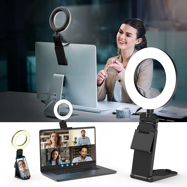 5" Desk Ring Light with Stand, LED Ring Light for Laptop Monitor, Video Conference Lighting, Zoom Meeting Light for Video Calls Selfie Makeup PC Webcam, Phone Holder with Continuous Output Lighting