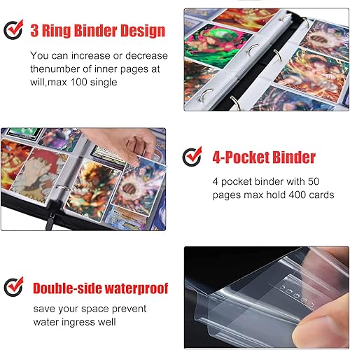 Miniatura 5 de Carpeta de tarjetas coleccionables de 400 bolsillos para tarjetas de una pieza, bolsa portátil impermeable para almacenamiento de tarjetas con