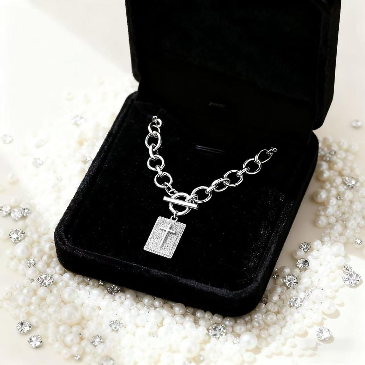 Paperclip Cross Pendant Necklace for Women Gold Toggle Clasp Rectangle Necklace Silver Paperclip Cross Chain Necklace Sparkly Faith Statement Charm Necklace Costume Prom Jewelry Accessories - Image 2