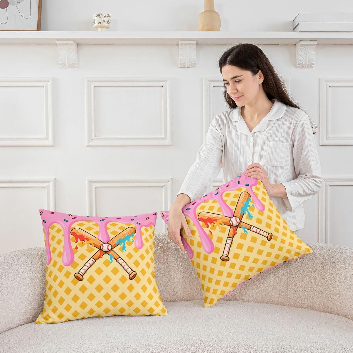 Castle Fairy Baseball Sports Throw Pillow Cover Ice Cream Waffle Cushion Case Ball Gaming Funny Pillow Cover for Living Room,Yellow Soft Pillowcases,16x16 Inches image 3