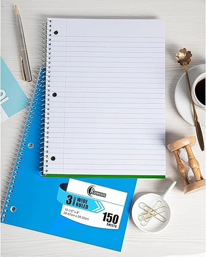 Miniatura 8 de Cuaderno de 3 materias con rayas anchas, paquete de 3, larga duración, páginas adicionales, 300 páginas (150 hojas), papel grueso que no se corre, 3