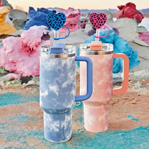 Miniatura 3 de Tapa de popote de silicona para copa Stanley, 6 unidades, diseño de corazón de San Valentín, diseño de corazón de leopardo, cubierta de popote de