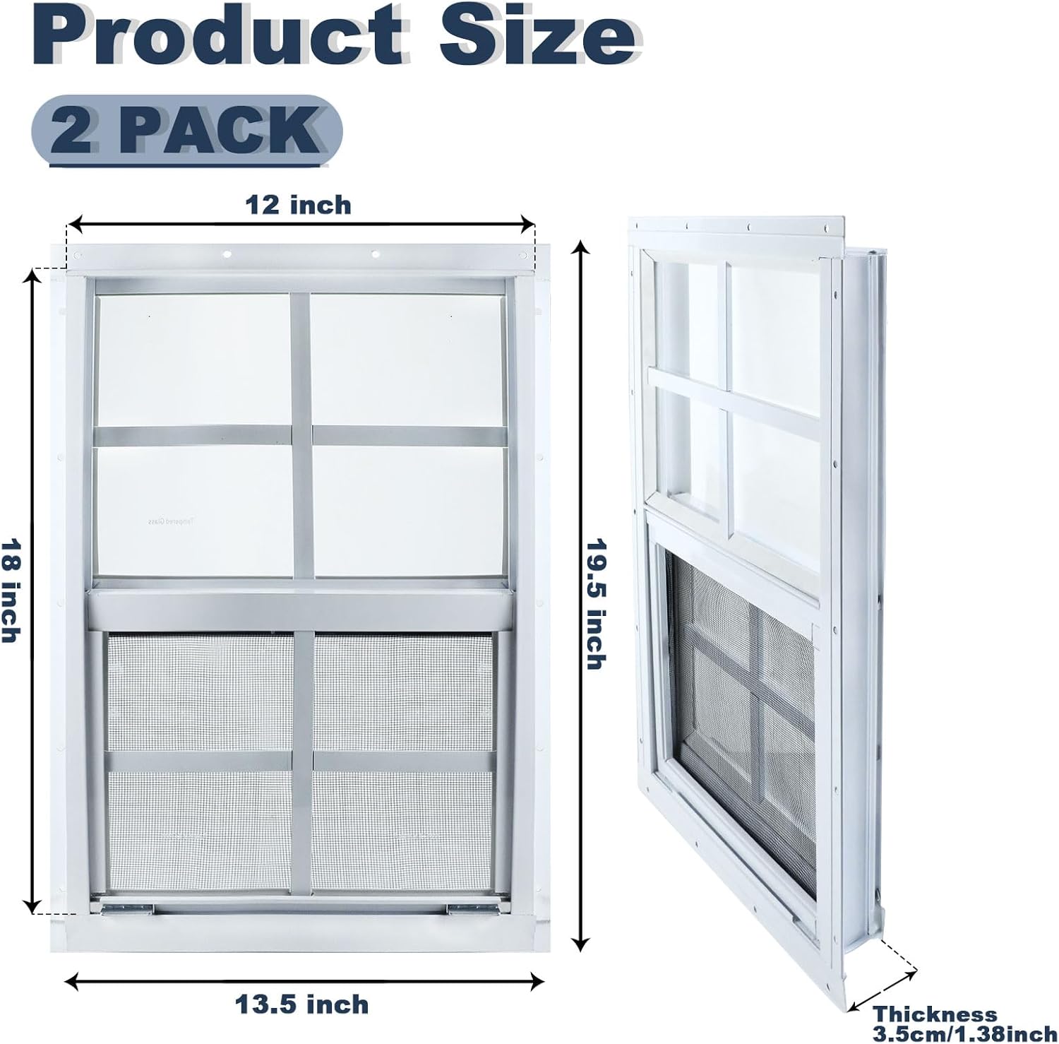 12" x 18" shed window, 2 pack white flush mount household windows with tempered glass and fiberglass screen for shed, garage, chicken coop, playhouse, small tiny house