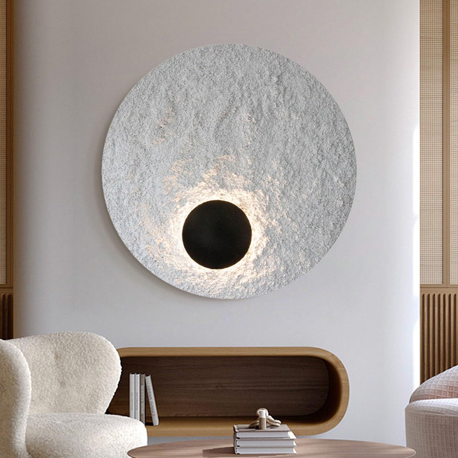 RASJCGRCOA 3d Sandstone Wall Sculpture with LED Light Modern Geometric Textured Art Backlit Sun Lamp Large Decorative Round Layered Mural Decor for Entryway Living Room(27.6 * 27.6in/70 * 70cm)