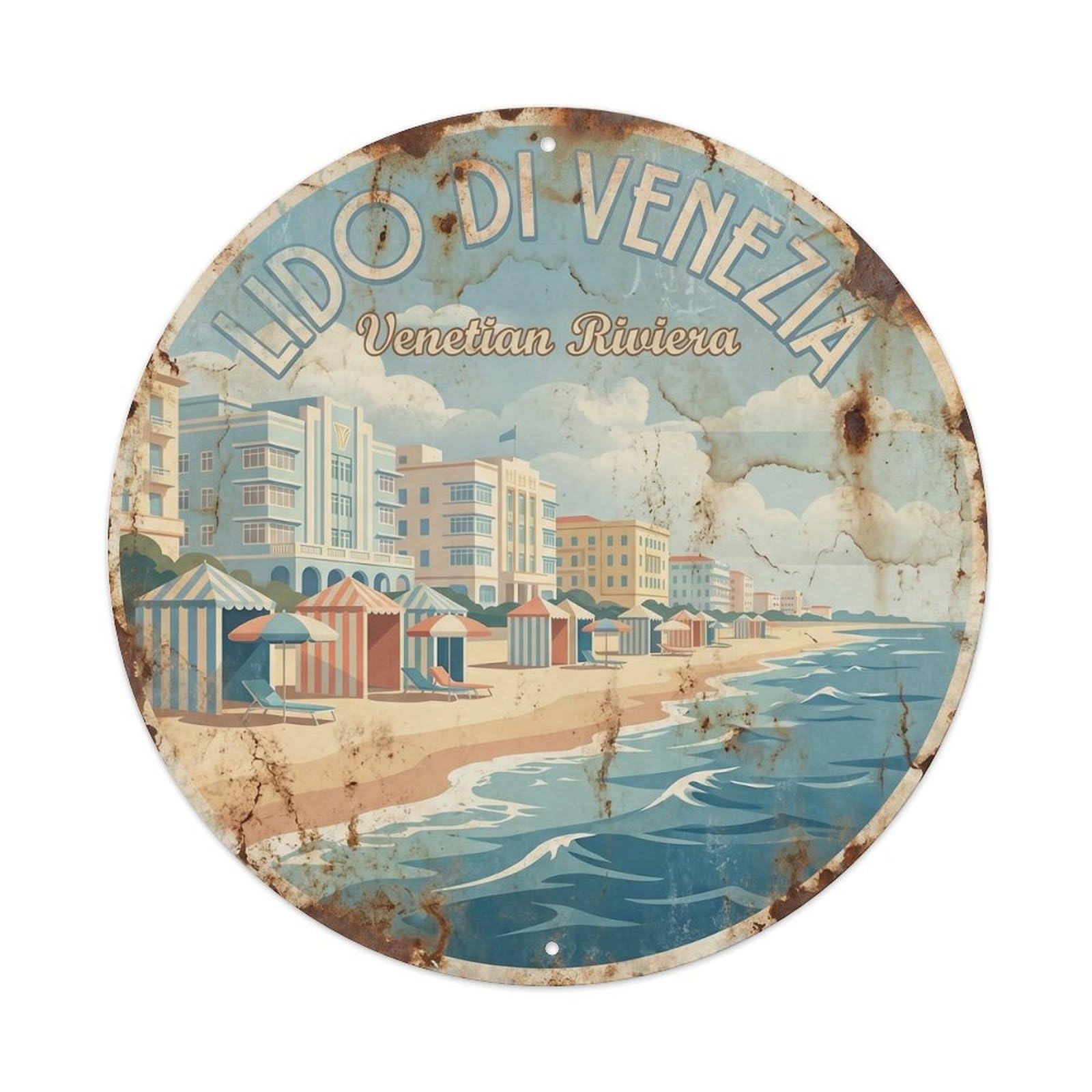 Venice Beach Destination Scenery Lido Landmark City Europe Metal Tin Sign Plaque Wall Decor for Cafe, Man Cave, Club Bar, Office, Home Garden Round Metal Poster 8x8Inch
