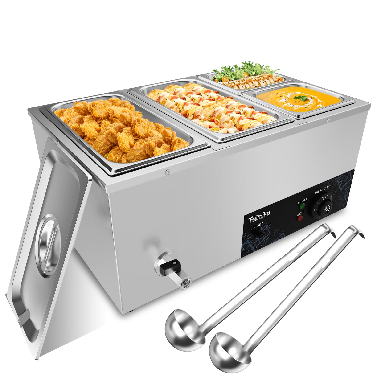 TAIMIKO 1500W Scaldavivande Commerciale a 4 Vaschette, Temperatura Regolabile da 0 a 85 °C, con pulsante anti-bruciatura a secco e reset, scalda buffet in acciaio inox con rubinetto di scarico