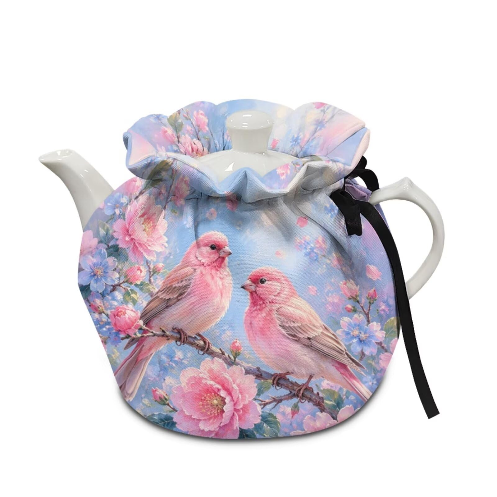 Bird Flower Print Tea Cozies for Teapot Portable Tea Cozy for Teapot Dust Proof Insulated Teapot Cover Keep Warm Home Kitchen Table Decorative Accessories