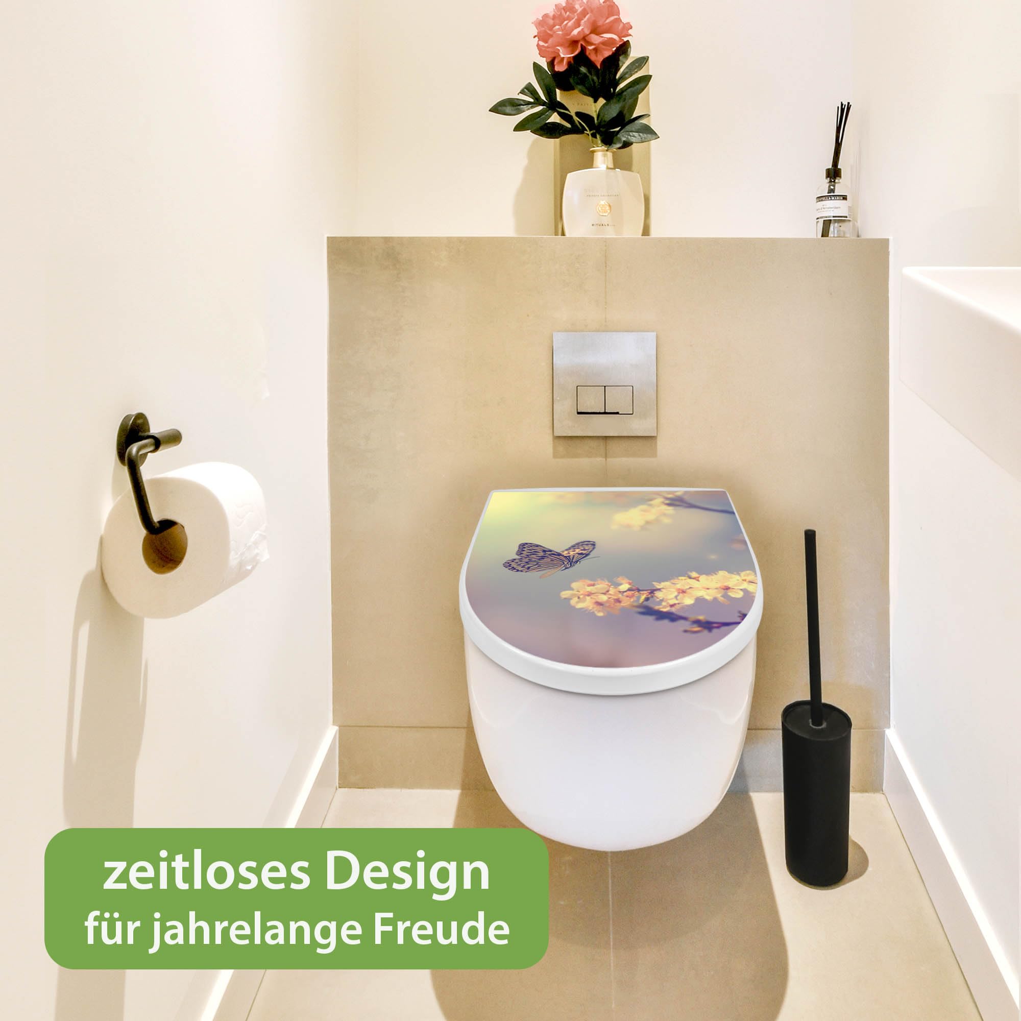 banjado WC Sitz mit Absenkautomatik D Form - Toilettendeckel mit Absenkautomatik D Form - Klodeckel Softclose - stabile Klobrille - Toilettensitz Weiß - Motiv Tag Im Mai