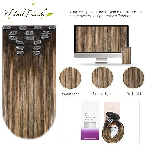Miniatura 3 de Extensiones de cabello humano con pinzas, color castaño chocolate a rubio oscuro con balayage y reflejos, para cabello castaño, 2.47onzas, N.