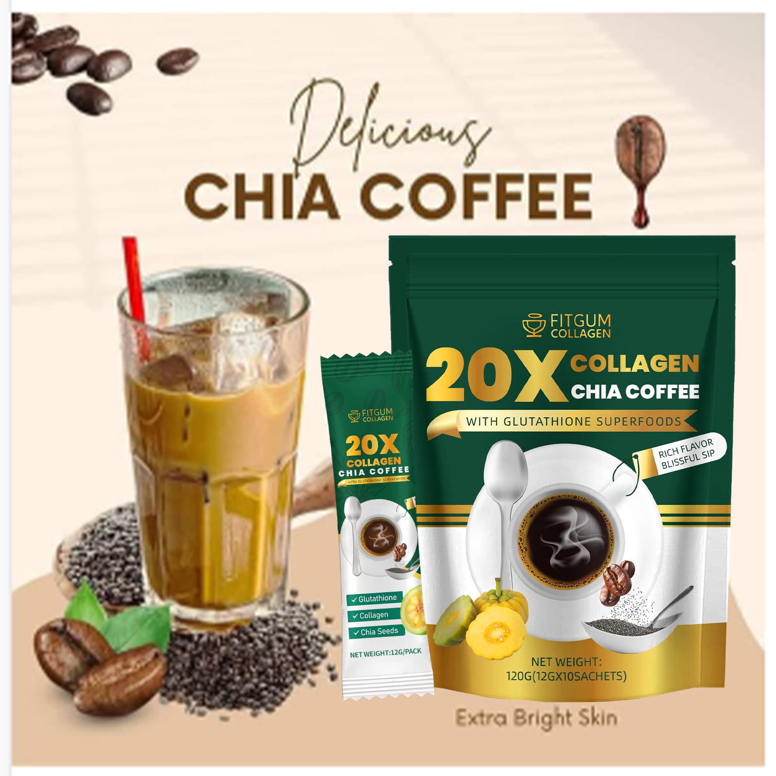 Fitgum Collagen 20X Chia 11 in 1 Shape Coffee Mix, Fitgum Collagen