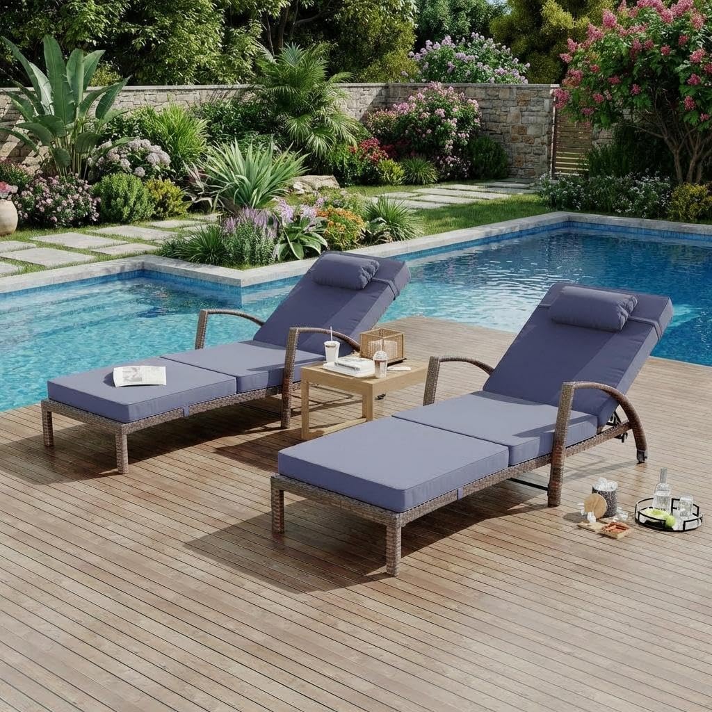 GAOMON Outdoor Lounge Chairs Set of 2, PE Rattan Wicker Chaise Lounge with Cushions and Wheels, Adjustable 5-Position, Patio Lounge Chairs for Outside Poolside Beach, Backyard Relaxation