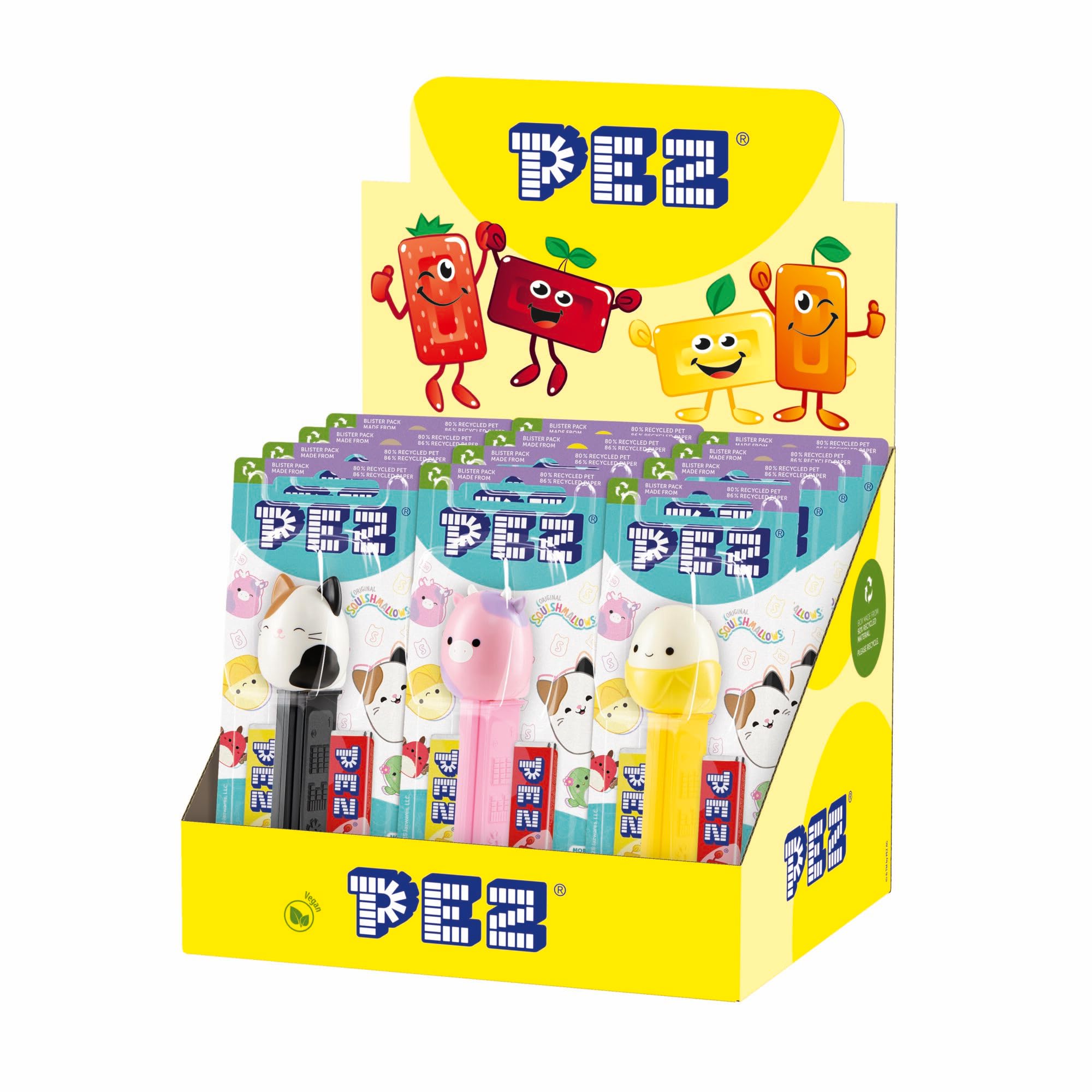 PEZ Squishmallows Character Sweet Dispenser, Strawberry & Lemon Flavoured, 2 x 8.5 g Refills (Pack of 12)