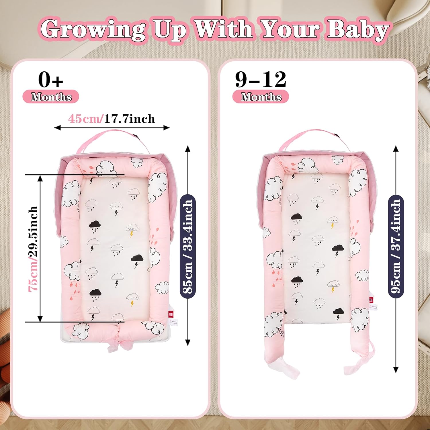 Baby Lounger for Newborn-Portable Baby Lounger 0-24 Months for Home and Travel,Newborn Loungers with Strap, Baby Nest Lounger Adjustable Size,Raindrop Clouds - Image 3