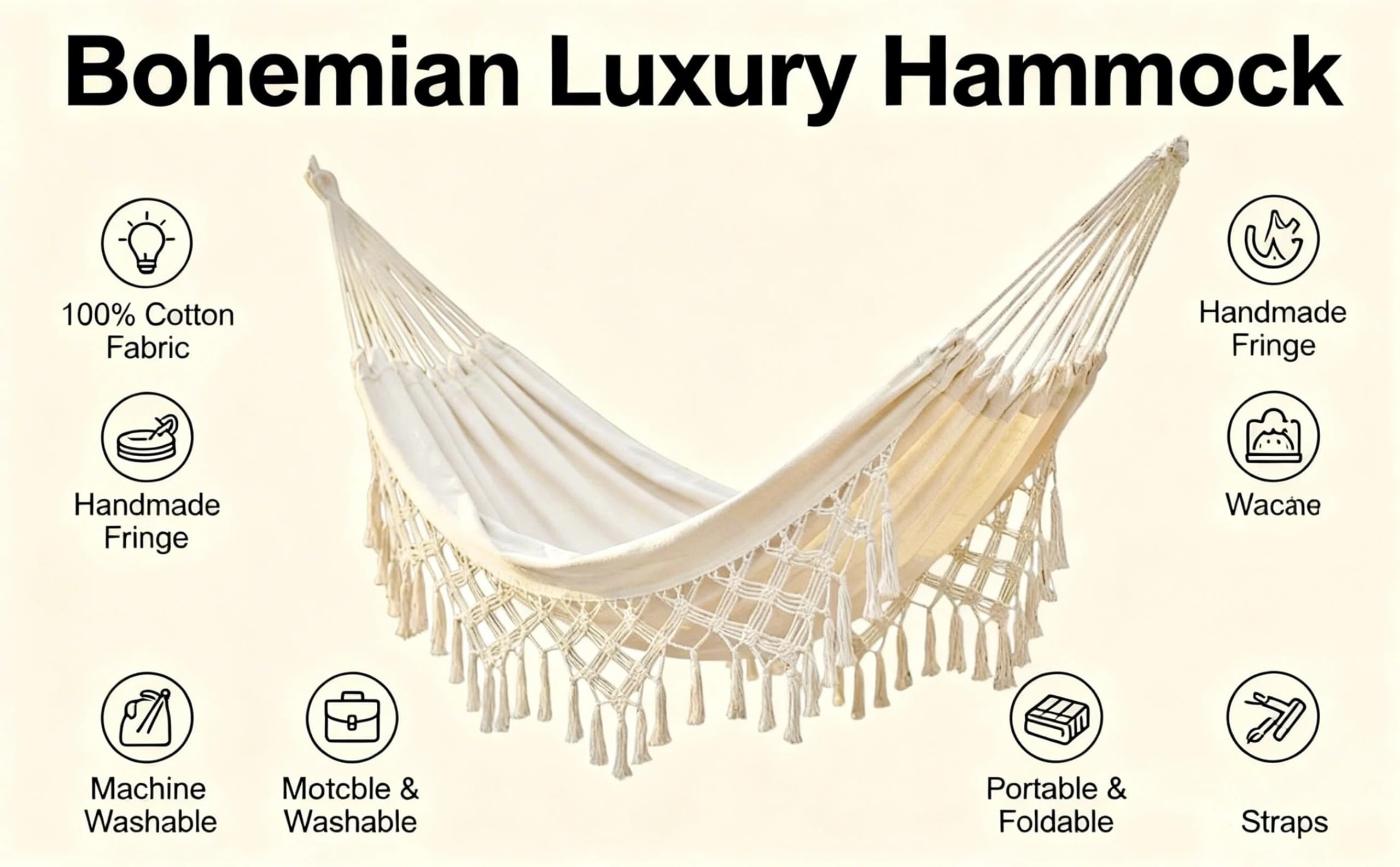 Hamaca Doble para el hogar, Interior y Exterior, hamac Boho, Hamaca macramé, hamacs Grande de algodón Suave, Cama para Dos Personas, Patio, Patio, Porche, césped y jardín (Blanco)
