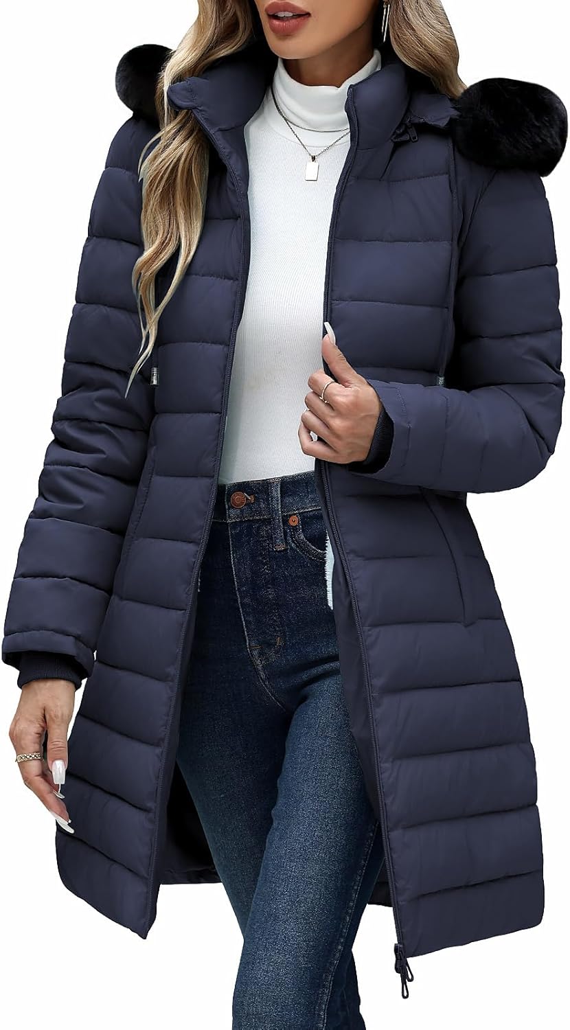 Uikue Women's Winter Puffer Coat - Thicken Fleece Lined Down Jacket Waterproof Warm Hooded Parka with Faux Fur Detachable