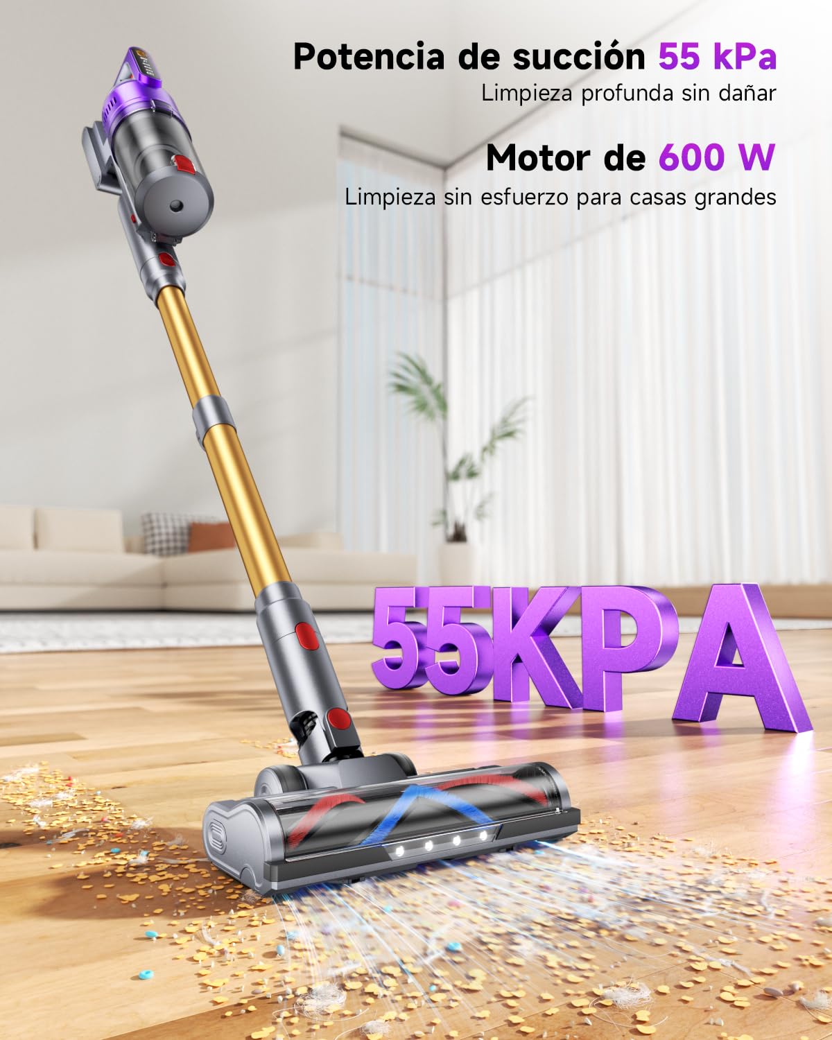 55KPa/680W Aspiradora sin Cable, aspiradora sin Cable Potente hasta 75 Mins, con Smart Screen y Cepillo Antienredos, Alfombra Pelo Mascota Suelo Sofá[Clase de eficiencia energética A+++]