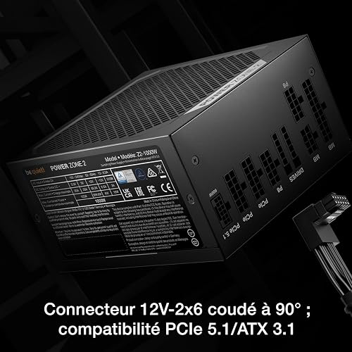 be quiet ! Power Zone 2 1000 W Bloc d’Alimentation, certifications 80 Plus® Platinum et Cybenetics Platinum, système Semi-Passif, Ventilateur Pure Wings 3 140 mm, connecteur 12V-2x6 coudé à 90° - 6