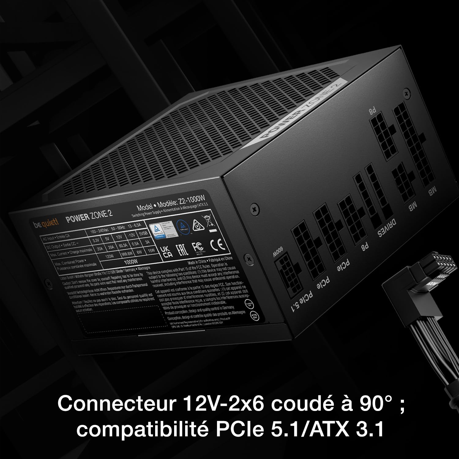 be quiet ! Power Zone 2 1000 W Bloc d’Alimentation, certifications 80 Plus® Platinum et Cybenetics Platinum, système Semi-Passif, Ventilateur Pure Wings 3 140 mm, connecteur 12V-2x6 coudé à 90°