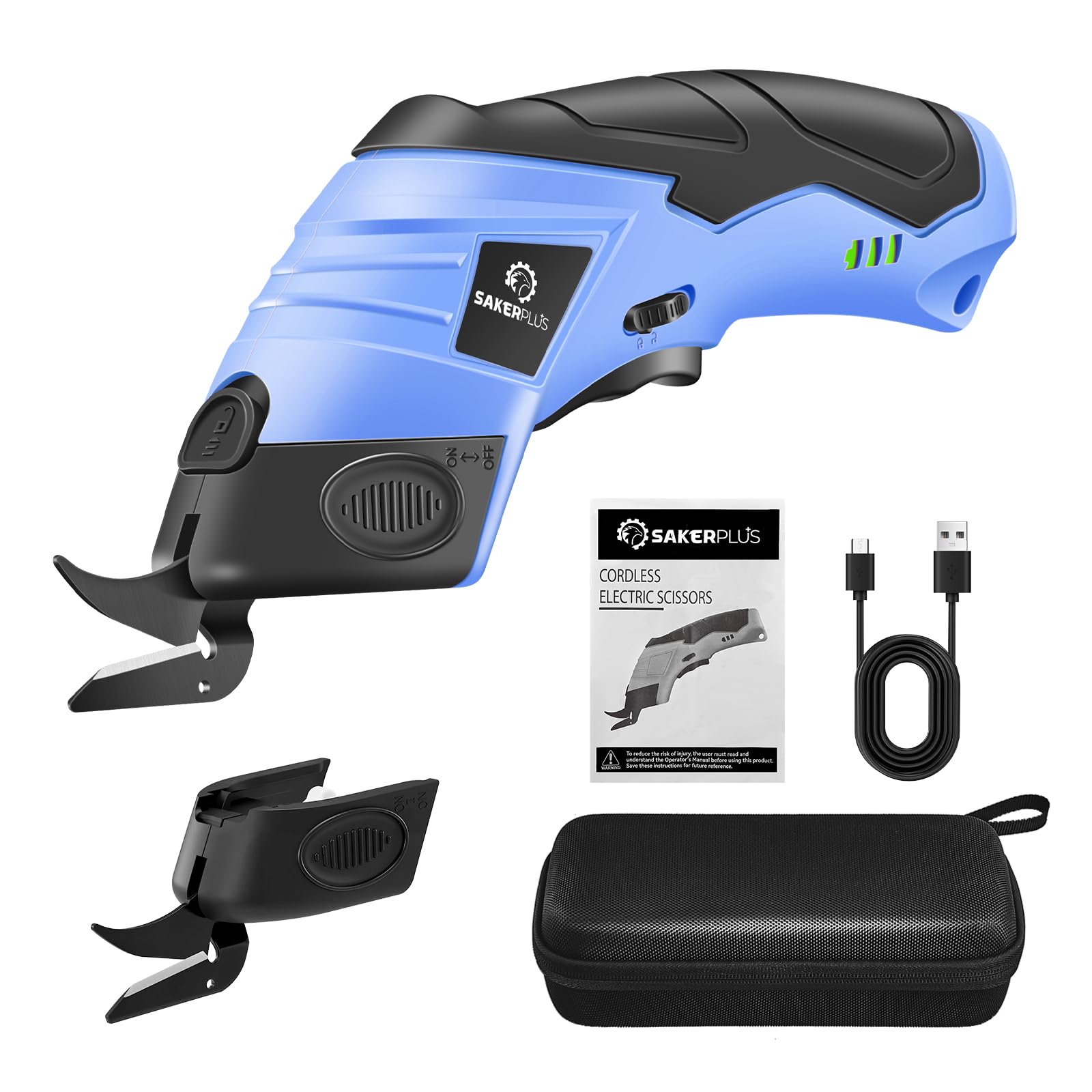 Sakerplus Cordless Electric Scissors, Fabric Scissors, Powerful Pinking Shears, Rechargeable Cardboard Cutter (Blue-Bag(2 Tungsten Blade))