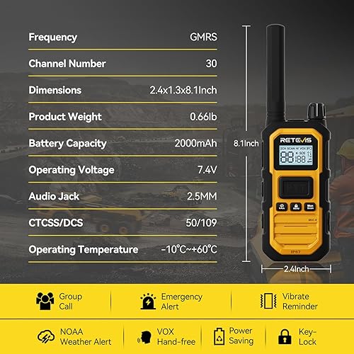 Miniatura 8 de Retevis RB48 Plus IP67 - Walkie Talkies impermeables de largo alcance, radio GMRS, radio bidireccional para trabajos de construcción, NOAA,
