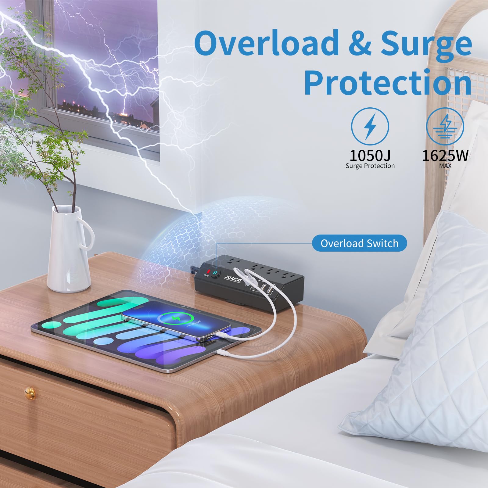 JXGUCAT - Computer-Stromleiste mit PD 20 W USB C, abnehmbarer Überspannungsschutz, Schnellladung, Verlängerungskabel, 3 m, Flachstecker mit 4 Steckdosen, 4 Ports