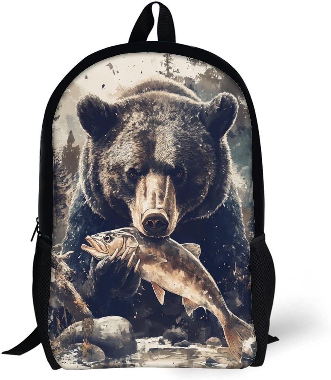 Black Bear Eating Fish Unisex Backpack 17" Casual Daypacks Simple Shoulders Bag for Camping Hiking Travel Gear