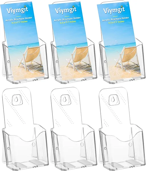 Viymgit Brochure Holder Stand, 6 Pack 4 inches Acrylic Pamphlet Display Stand Wall Mount/Countertop, Clear Plastic Trifold Rack Card Holder for Organizer Flyer, Leaflets, Document, Literature