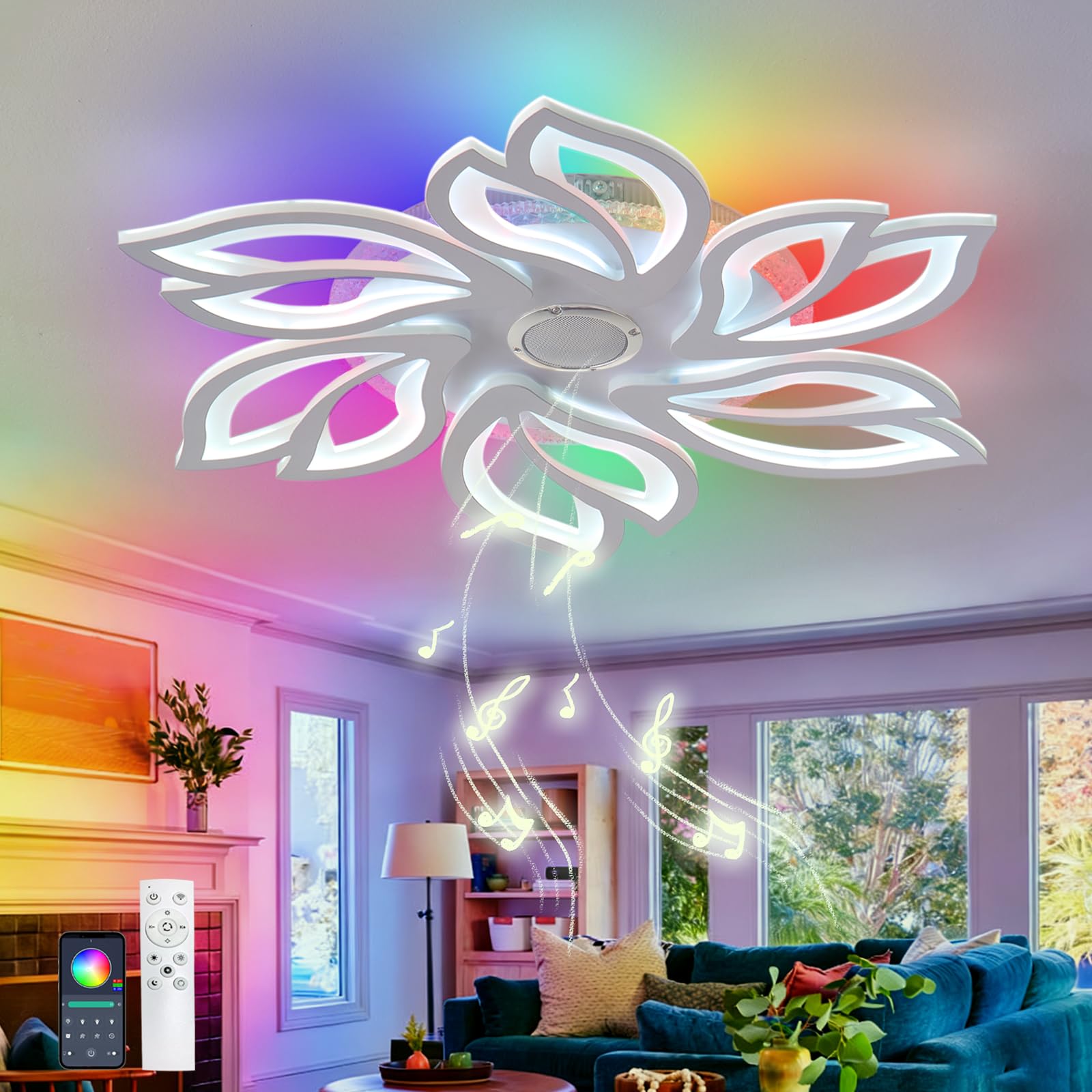Plafoniera a Forma di Fiore Dimmerabile da 66W con Telecomando APP,Grande Lampadario Camera da Letto con Memoria,Plafoniera RGB con Altoparlante,per Soggiorno Sala Giochi e Feste-White||Audio
