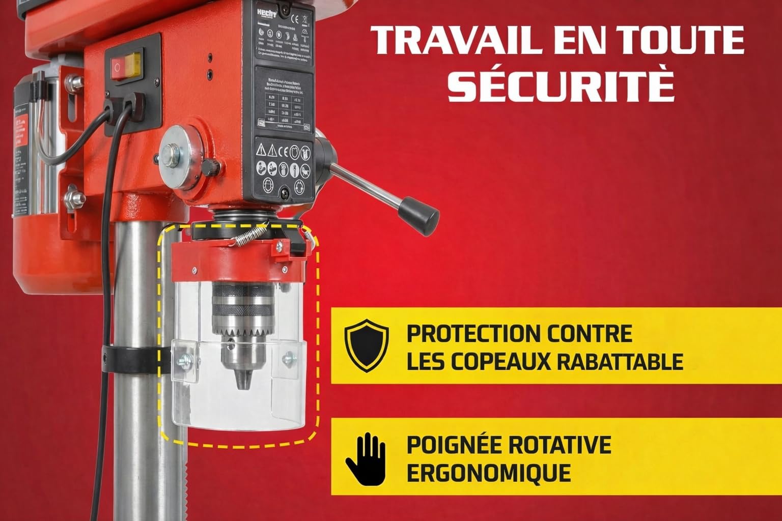 Hecht Perceuse à colonne avec puissance de 600 W - 12 niveaux de vitesse - Table de perçage orientable et réglable en hauteur