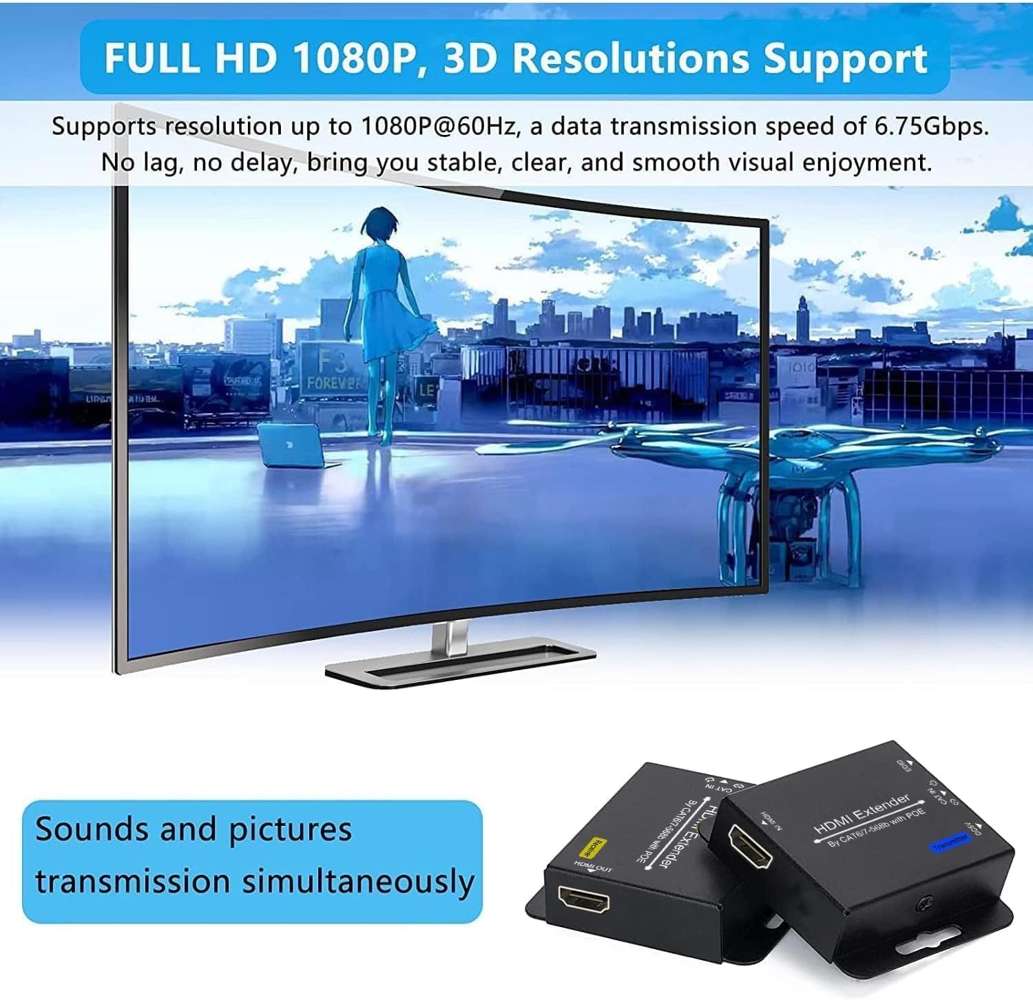 61 m HDMI Extender Over CAT6 CAT7 RJ45 Ethernet a HDMI Converter LAN Extension POC Supporto 1080P 3D EDID Copia Deep Color Compatibile con PC PS4 Roku Unilateral Power Supply