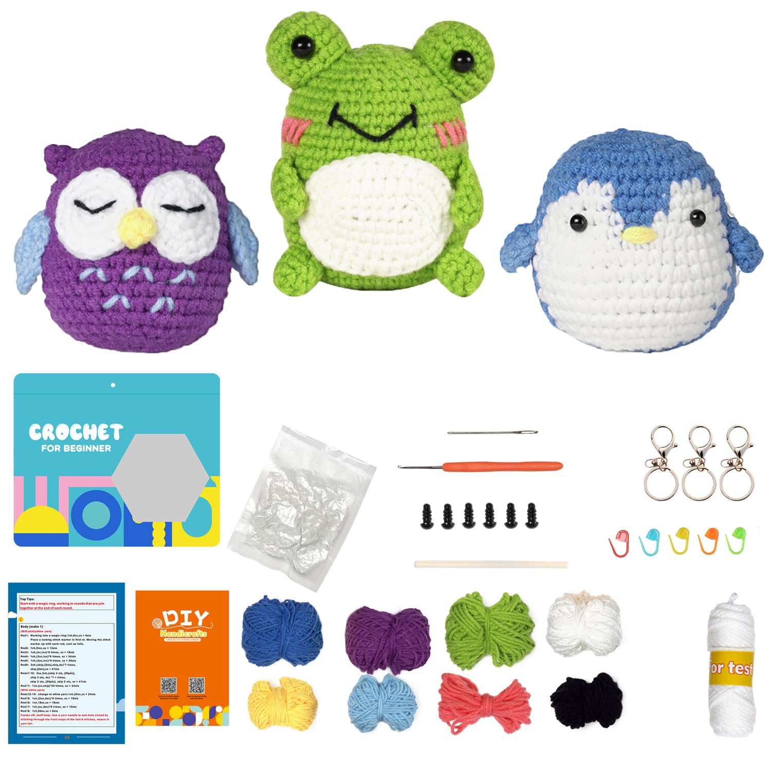 Hcosmy Crochet Kit for Beginners,DIY Craft for Adults and Kids, Great Gift for Crochet Lovers, Crochet Animal Kits with Step by Step Videos,Yarn,Crochet Hook,Birthday Gift (Frog, Owl and Penguin kit)