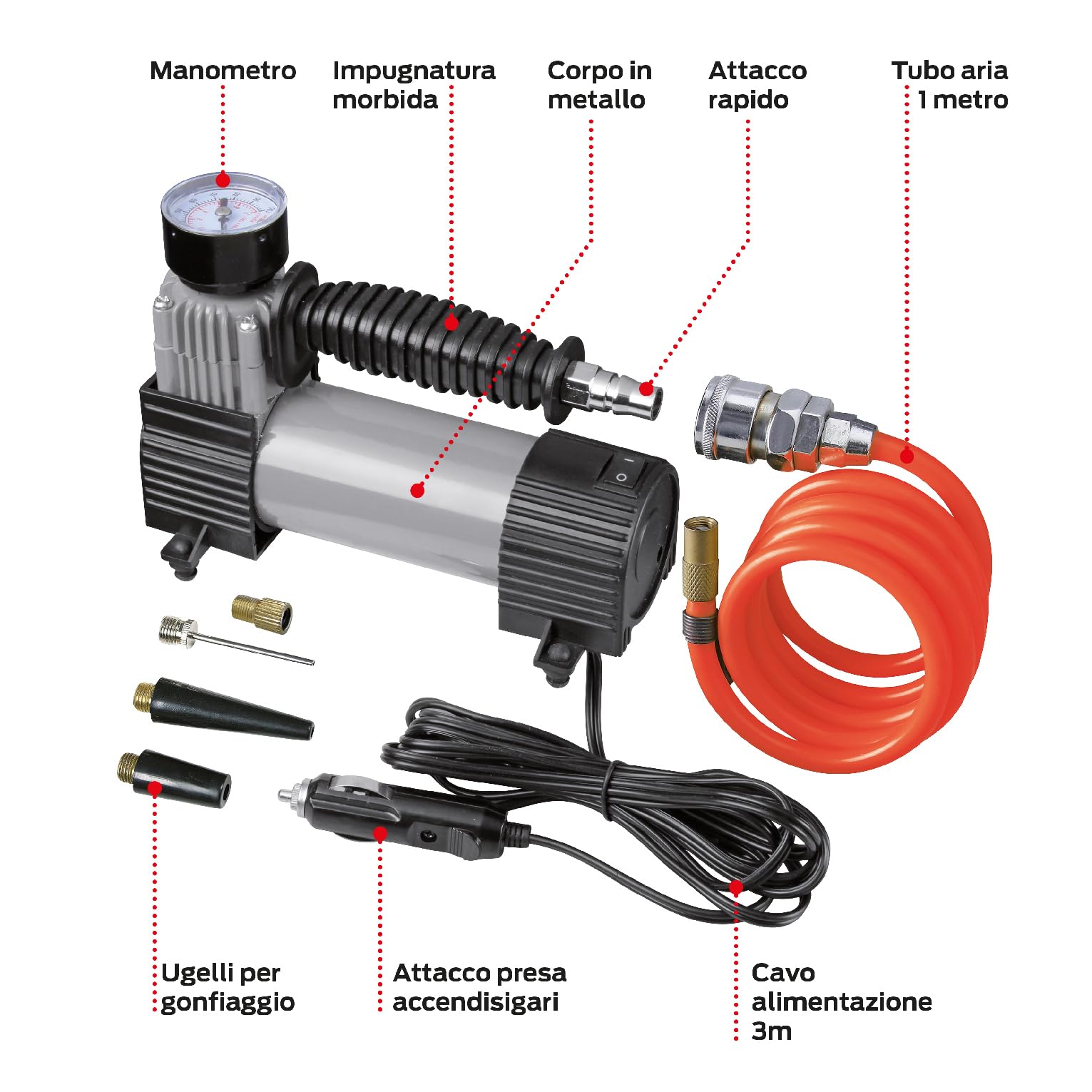 Valex Minicompressore MET21 12V da Auto – 7 Bar, Pistone 30 mm, Corpo in Metallo, Presa Accendisigari, con Manometro e Kit Ugelli